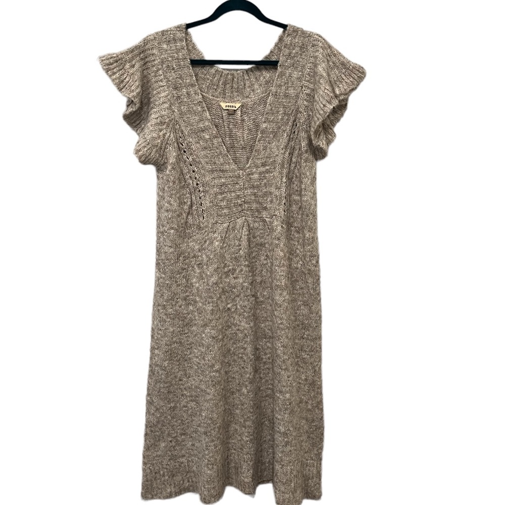 FOSSIL Alpaca Blend Knit Sweater Dress Oatmeal Sz L Cap Ruffle Sleeve V-Neck.